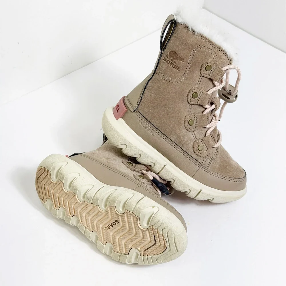 Sorel Explorer II Boots Girls Sz 9 Taupe Brown Waterproof Faux Fur Winter Snow